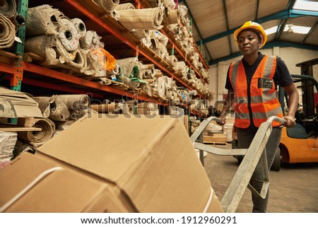 Young African female worker walking with a dolly of boxes around the floor of a textile warehouse Сток-фото © 