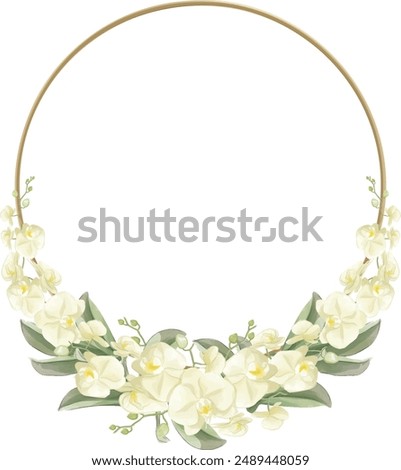 This is a white orchid flower arrangement with a round frame made manually with Adobe Illustrator