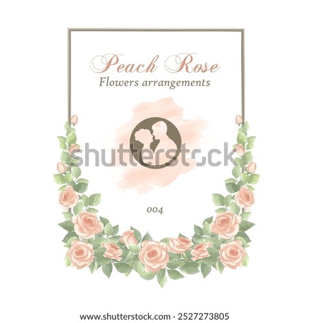 This is a pink peach rose flower with foliage arrangement with a box wooden frame made by hand using Adobe Illustrator