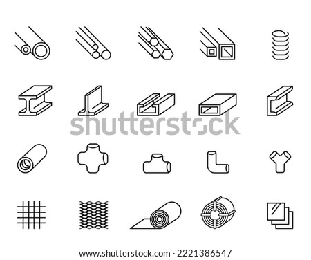 Metal products icons set.  Steel structure and pipe. Outline signs for metallurgy products, construction industry. Lines with editable stroke