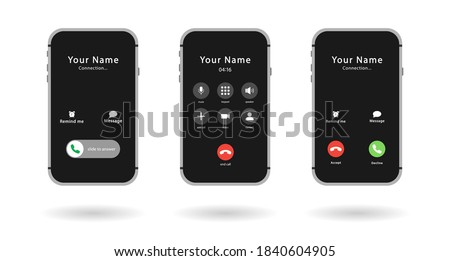 Three smartphones. Phone call screen installed. Accept button, reject button. Incoming call. Interface. Phone call screen template mockup.