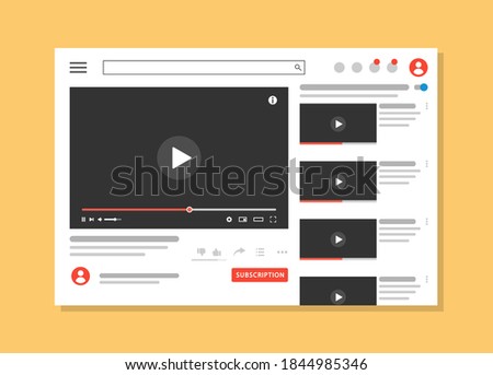 Social media video player interface template. Video content, blogging. Web window player. Site page with a video or video channel being played