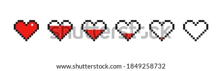 Set of pixel hearts. Pixel game life bar. Vector art 8 bit health heart bar. Gaming controller