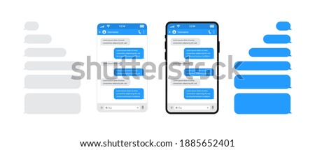 Smart phones chatting sms template bubbles. Chat templates, message, phones and speech bubbles blue colour in flat style. Social media design concept. Sms template bubbles for compose dialogues.