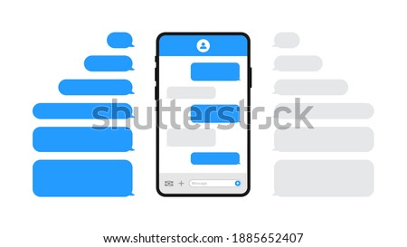 Smart phones chatting sms template bubbles. Chat templates, message, phone and speech bubbles blue colour in flat style. Social media design concept. Vector illustration