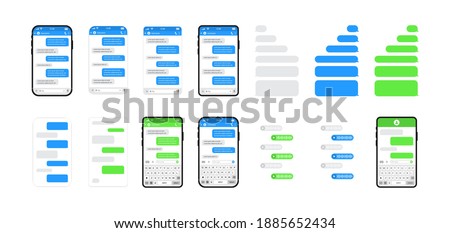 Big set of chat templates, messages, phones and speech bubbles in flat style. Social media design concept. Sms template bubbles for compose dialogues. Smart Phone with messenger chat screen and voice