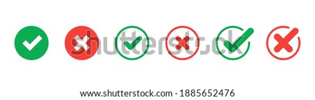 Green check mark and red cross icon.Set of simple icons in flat style: Yes-No, Approved-Disapproved, Accepted-Rejected, Right-Wrong, Correct-False, Green-Red, Ok-Not Ok. Vector illustration