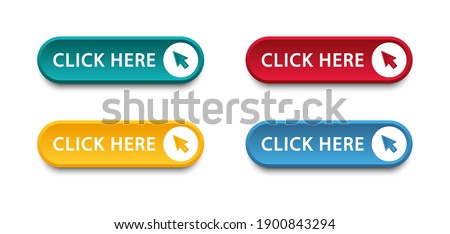 Click here button with arrow pointer clicking icon. Click here vector web button. Web button with action of arrow pointer. Click here, UI button concept. Vector illustration Foto d'archivio © 