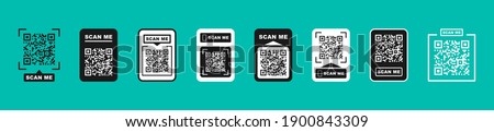 QR code scan for smartphone. Qr code frame vector set. Template scan me Qr code for smartphone. QR code for mobile app, payment and phone. Scan me phone tag. Vector illustration. Foto d'archivio © 