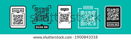 QR code scan for smartphone. Qr code frame vector set. Template scan me Qr code for smartphone. QR code for mobile app, payment and phone. Scan me phone tag. Vector illustration. 商業照片 © 