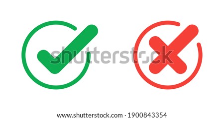 Green check mark and red cross icon.Set of simple icons in flat style:  Yes-No,  Approved-Disapproved, Accepted-Rejected, Right-Wrong, Correct-False, Green-Red, Ok-Not Ok. Vector illustration