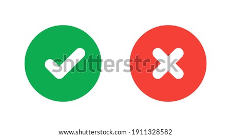Green check mark and red cross icon.Set of simple icons in flat style: Yes-No, Approved-Disapproved, Accepted-Rejected, Right-Wrong, Correct-False, Green-Red, Ok-Not Ok. Vector illustration.