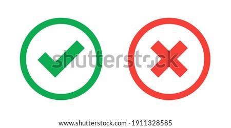 Green check mark and red cross icon.Set of simple icons in flat style: Yes-No, Approved-Disapproved, Accepted-Rejected, Right-Wrong, Correct-False, Green-Red, Ok-Not Ok. Vector illustration.