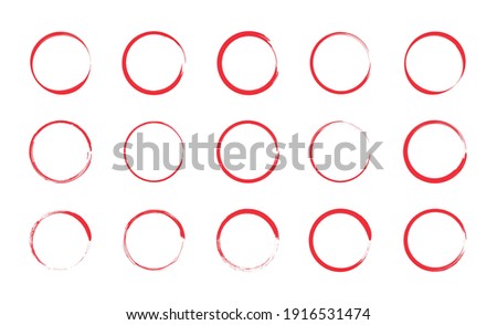 Red circle pen draw set. Collection of different red circles. Highlight hand drawn circle isolated on white background. Hand drawn for marker pen, pencil, logo and text check. Vector illustration.