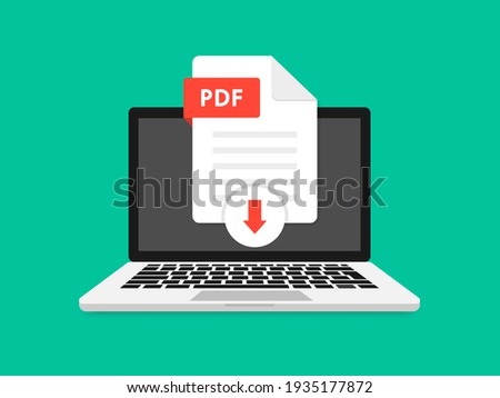 Download PDF icon file with label on laptop screen. Downloading document concept. View, read, download PDF file on laptops and mobile devices. Banner for business, marketing and advertising.