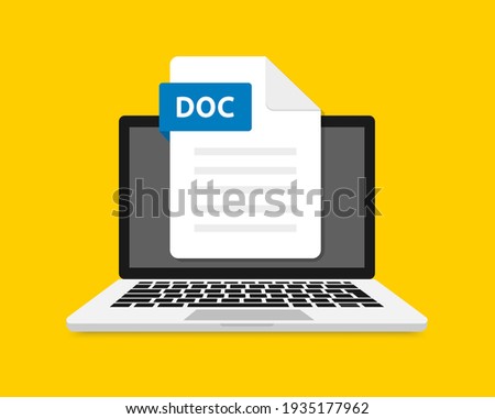 DOC icon file with label on laptop screen. Downloading document concept. View, read, download PDF file on laptops and mobile devices. Banner for business, marketing and advertising. Vector.