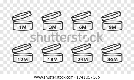 PAO Linear Icons Set. Period after opening. The shelf life of the cosmetics after opening the package in months. 1m, 3m, 6m, 12m, 18m, 24m, 36m month best before product mark. Vector illustration