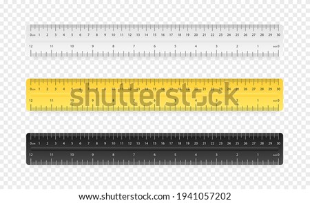 Set of three rulers on transparent background. Plastic yellow, black, gray insulated rulers with double side measuring inches and centimeters. Rulers 30 cm scale in realistic style. Vector