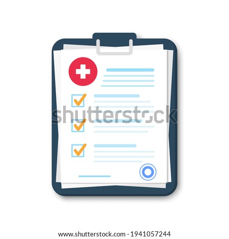 Medical clipboard with completed checklist. Medical report. Hospital checkup document. Diagnostic report icon. Check List Clipboard. Vector illustration. EPS 10