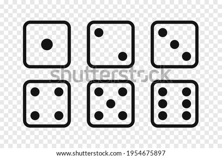 Game dice set isolated on transparent background. Set of dice in linear design from one to six. Traditional game die with marked with different numbers of dots or pips from 1 to 6. Vector illustration