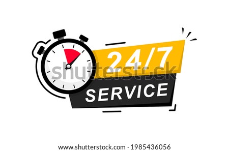 24-7 service. 24 hours a day and 7 days a week service icon. Support service concept with stopwatch and numbers 24-7. Logo. Vector Illustration