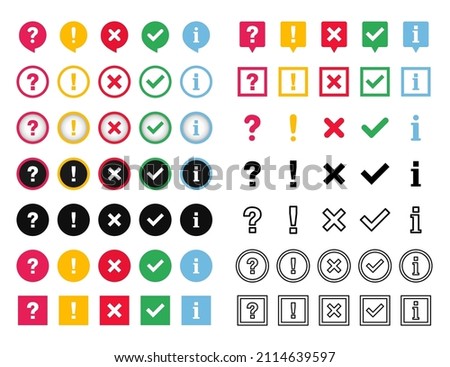 Icon set of check mark, cross, question mark, exclamation point, information icon. FAQ sign. Tick, question, information and answers mark. Help symbol. Vector illustration