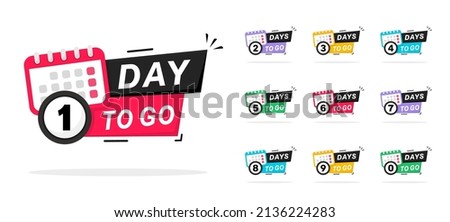 Days Left Badges and Stickers. Countdown of days 1,2,3,4,5,6,7,8,9,0.  Sale time countdown. Offer timer, sticker limited to few days. Countdown banner of days to go. Vector illustration. Flat style