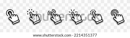 Computer mouse cursor icon set. Hand click icon. Set of hand clicks with shadow on transparent background. Cursor click, pointing hand click icons. Touch or click icon stock vector design. Vector