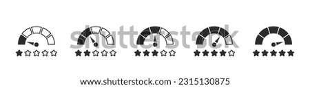 Set of speedometer icons with star rating. Speedometer, gauge meter icons with stars. Level of performance. Infographic of risk, gauge, score. User review icon. Customer satisfaction level. Vector