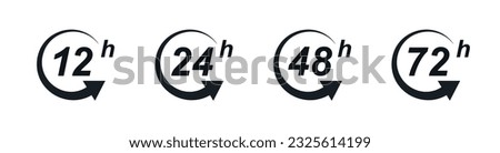 12, 24, 48 and 72 hour mark icon. Work time effect or delivery service time, and service time. 12, 24, 48 and 72 hours clock arrow. Vector illustration.