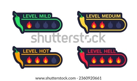 Chili pepper spicy food level icon collection, mild, medium hot and hell level. Hot spicy level vector labels of spice food and sauce taste scale. Spice taste fastfood labels. Vector illustration