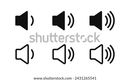 Sound volume icons set with different signal levels on white background. Аn icon that increases and reduces the sound. Sound icon, volume symbol, speaker sign, audio control icon set. Vector