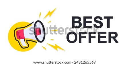 Best Offer icon on white background. Logo design with megaphone and text. The loudspeaker screams best offer. Best offer, limited sale offer promo stamp with megaphone. Vector