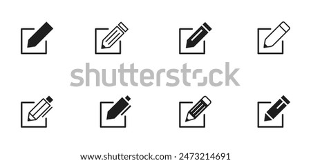 Edit icon set. Set of notepad edit documents with pencil icons. Pen icons. Editing text file documents. Sign up. Business concept note edit pictogram isolated on transparent background. Vector