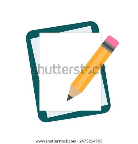 Pencil with notepad icon. Writing tasks, remind or checklist. Sketchbook or diary for education or work. Pencil with laptop. Flat design writing concept. Vector