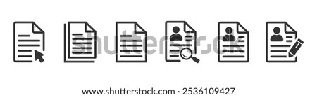 Document icons in different style. Magnifying glass, search information, privacy, document, text, image. Clipboard, checklist, report, survey or agreement editable stroke outline icons set.