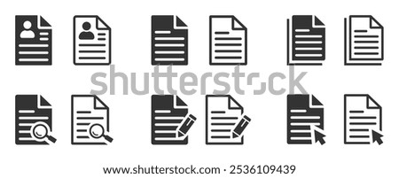 Document icons in different style. Magnifying glass, search information, privacy, document, text, image. Clipboard, checklist, report, survey or agreement icons set. Vector illustration