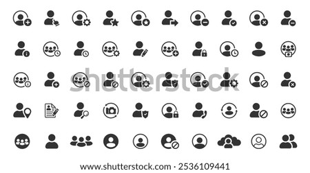 User profile icon set. Containing password, login, username, avatar, connect, add friend, people, change photos, settings. User account ui web button. Icons for web, mobile, user interface design.