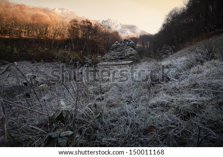 cold morning on mountain with frozen grass and house