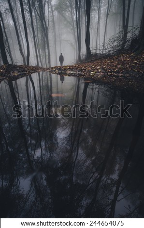 lake in forest with man reflection