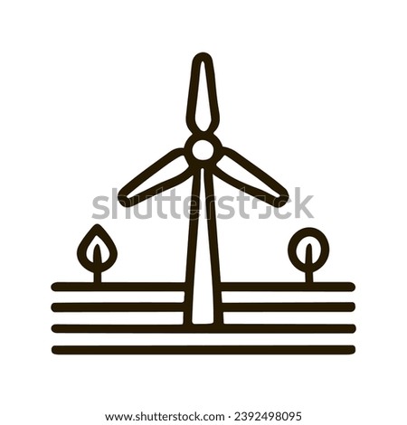 Minimalistic vector image of a wind turbine against the backdrop of silhouettes of trees, which symbolizes renewed energy and environmental cleanliness