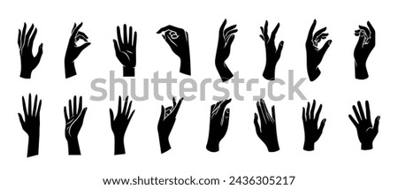 Vector set of silhouettes of human hands depicting various gestures, black on a white background.