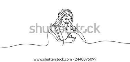 continuous drawing of Jesus Christ with a lamb. one line vector illustration of Jesus Christ with a lamb in his hands