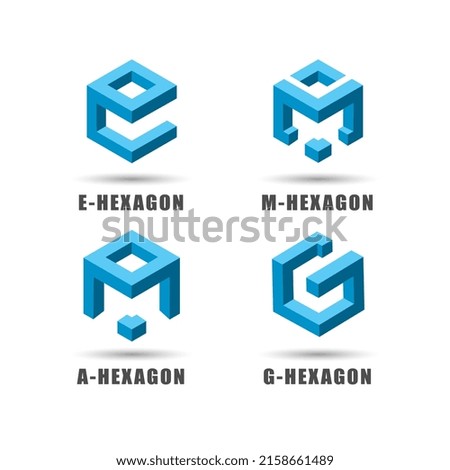 set of letter e, m, a, and g logos, hexagon shape cube design, 3d vector illustration