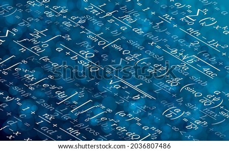 Background for a presentation on mathematics. Formulas in mathematics. Abstract vector illustration of a set of mathematical formulas arranged in an isometry on blue.