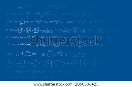 Background for a math presentation. Math equations. Vector illustration of mathematical equation formulas on a blue background with space for text.