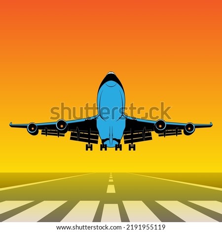 Takeoff of a passenger plane. Vector illustration of an airfield runway with an airplane taking off. Sketch for creativity.