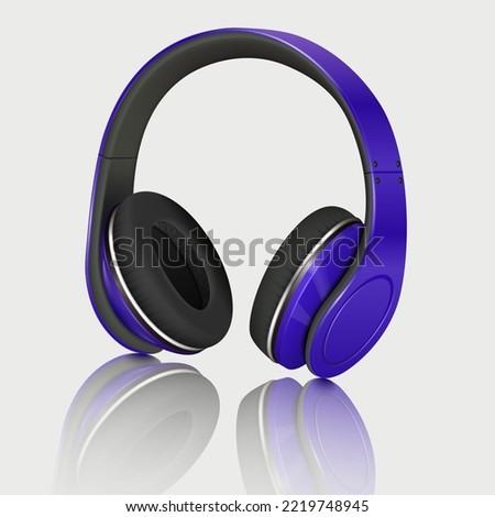Realistic blue headphones. Vector illustration of realistic headphones on a mirror surface with reflection. Sketch for creativity.