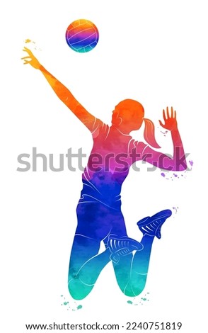 Women's volleyball. Vector illustration of a volleyball player with a ball drawn with paint drops. Sketch for creativity.