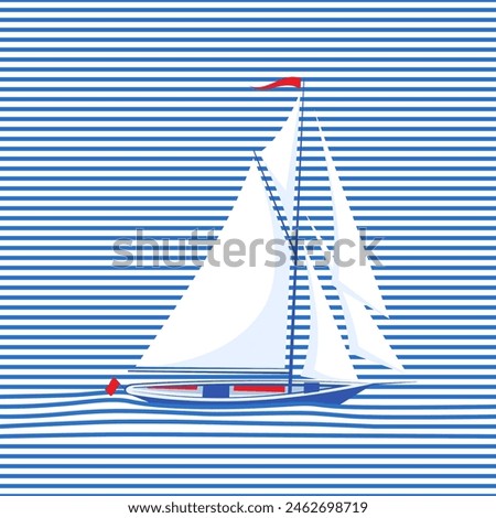 A sailing yacht floats on the waves. Vector illustration. Sketch for creativity.